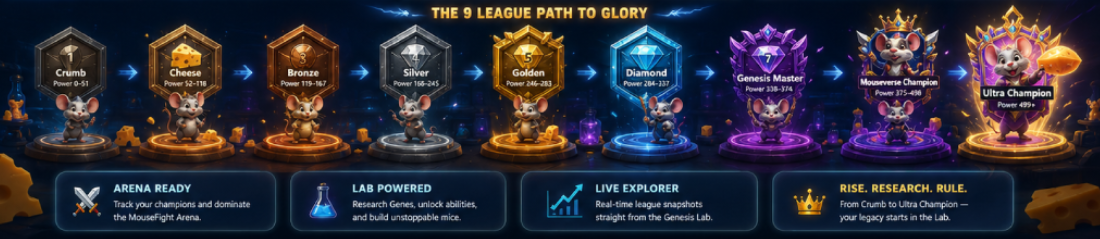 The nine Genesis MouseFight Leagues from Crumb through Ultra Champion